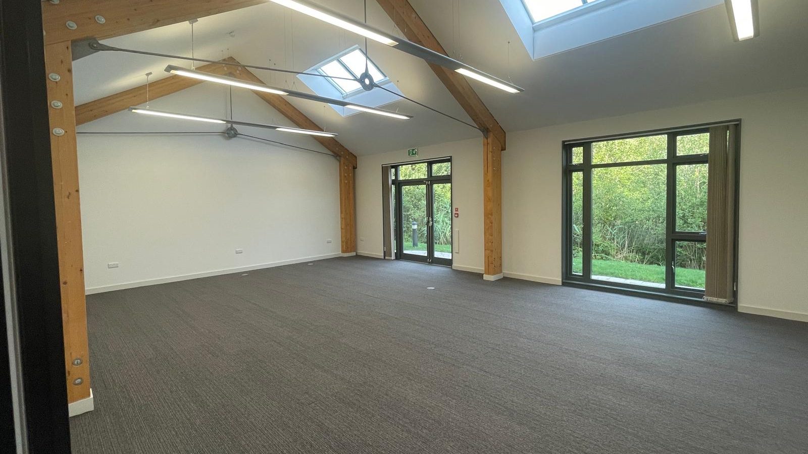 Inside Mynydd Awel, a room with a vaulted ceiling, exposed timber beams, roof lights and glazed doors onto the garden